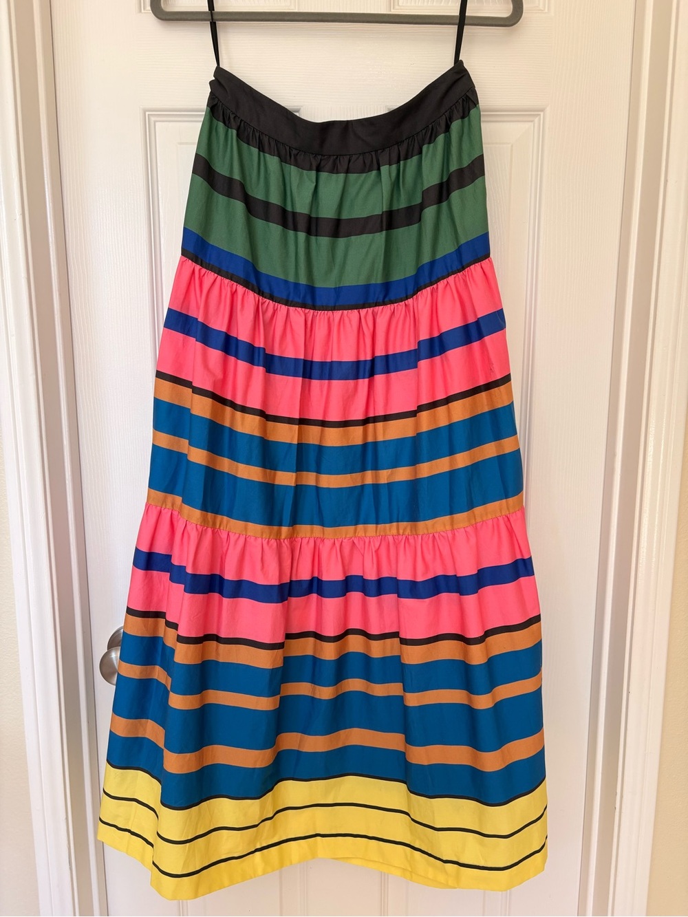 STAUD Idalino Skirt 8 Rainbow Stripe Cotton Tiered Maxi